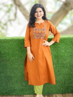 DESI SANDOOK - Orange Thread Embroidered V Neck with Patra Work Kurta