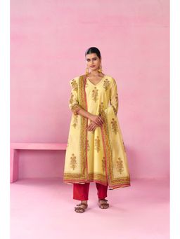 Jaipur Kurti - Yellow Embroidered Cotton Kurta with Pant and Dupatta
