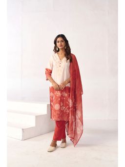 Jaipur Kurti - Rust Embroidered Blend Kurta with Pant and Dupatta