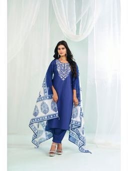 Jaipur Kurti - Indigo Embroidered Cotton Kurta with Salwar and Dupatta