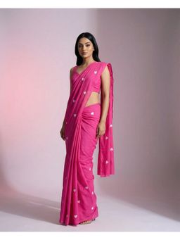 HANDME - Romantic Pink Thread Embroidered Pure Mul Cotton Saree with Unstitched Blouse