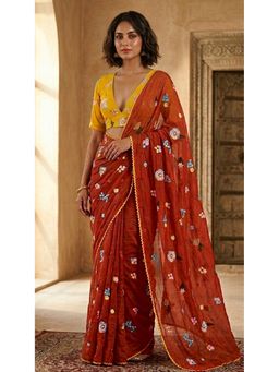 HANDME - Ready To Wear Festive Bloom Embroidered Chanderi Mul Saree with Unstitched Blouse