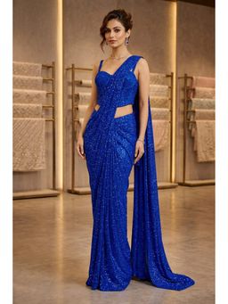 HANDME - Ready To Wear Glam Night Shimmer Sparkle Blue Saree With Unstitched Blouse