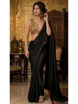 HANDME - Ready To Wear Midnight Noir Satin Black Saree with Gold Sequin Unstitched Blouse