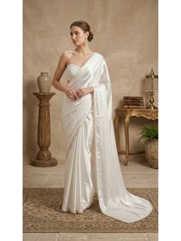 HANDME - White Pearl Radiance Satin Silk Saree with Unstitched Blouse
