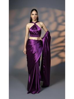 HANDME - Purple Imperial Plum Satin Silk Saree with Unstitched Blouse