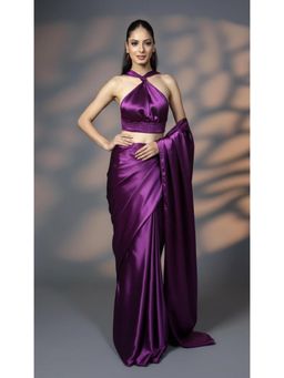 HANDME - Purple Ready To Wear Imperial Plum Satin Silk Saree with Unstitched Blouse