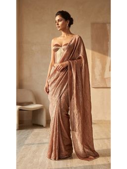 HANDME - Brown Champagne Crush Tissue Silk Saree with Unstitched Blouse