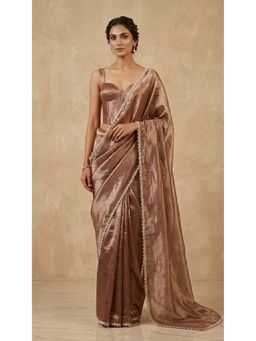 HANDME - Brown Mesmeric Brown Tissue Silk Saree with Unstitched Blouse