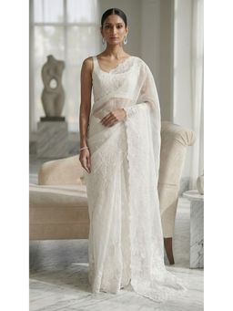 HANDME - White Pristine White Organza Delicate Floral Embroidery Saree with Unstitched Blouse