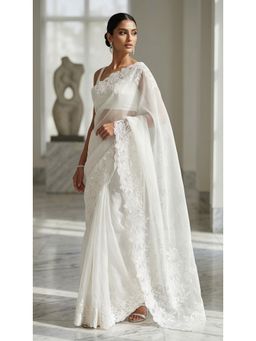 HANDME - White Ready To Wear Pristine White Organza Saree with Unstitched Blouse