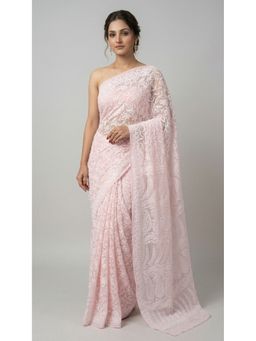 HANDME - Pink Blush Pink Chikankari Georgette Heavy Embroidery Saree with Unstitched Blouse