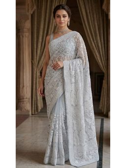 HANDME - Blue Ready To Wear Blue Chikankari Saree with Unstitched Blouse