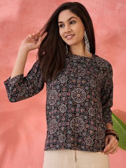 InWeave - Black Ajrakh R Neck Top