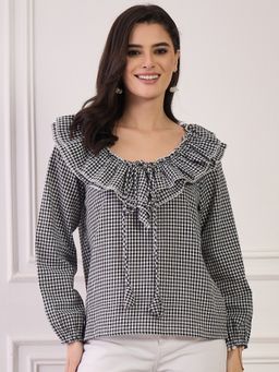 InWeave - Black Small Check Neck Frill Top