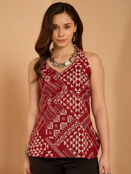 InWeave - Maroon Tribal Print Neck Tie Up Top