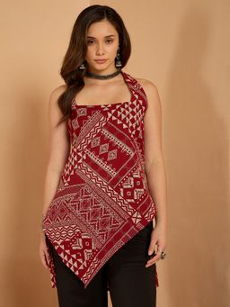 InWeave - Maroon Tribal Print V-Neck Tie Up Top