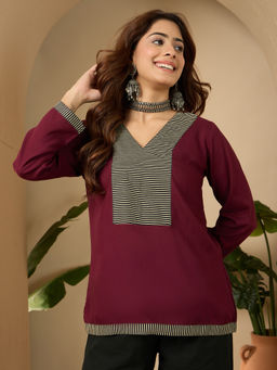 InWeave - Wine V Neck Black Stripe Patch Top