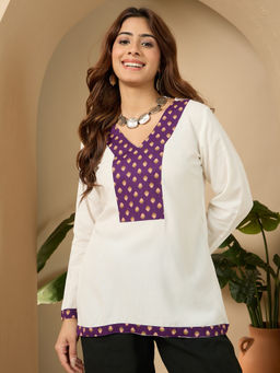 InWeave - White V Neck Purple Patch Top