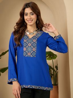 InWeave - Ink Blue V Neck Ajrakh Patch Top