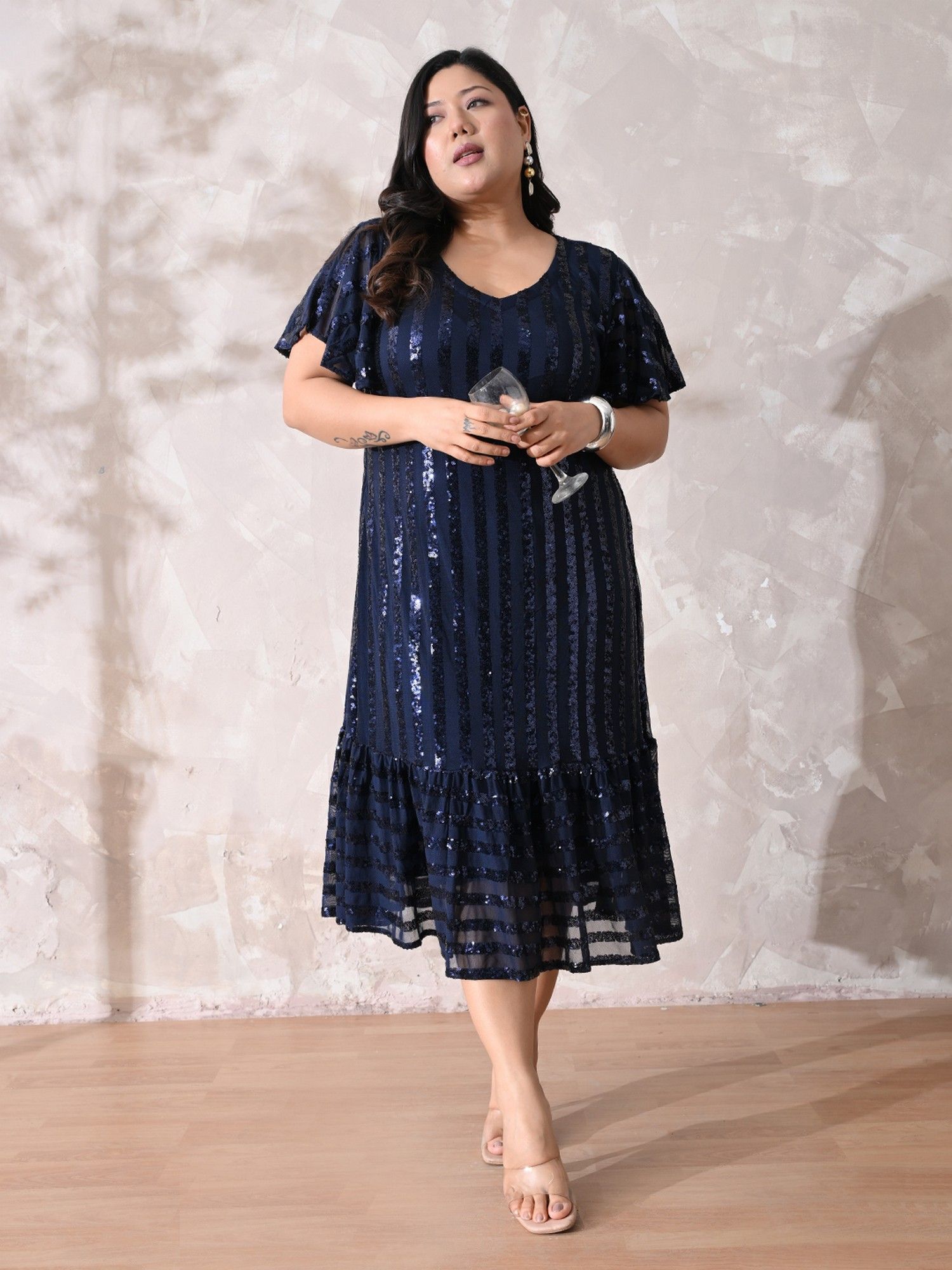 desi noor Women Plus Size Navy Blue Sequin A-Line Dress-picture-24