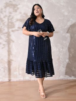 Desi Noor - Women Plus Size Navy Blue Sequin A-Line Dress