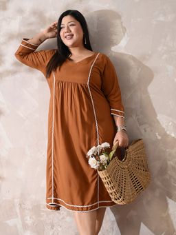 Desi Noor - Women Plus Size Dark Mustard V Neck Frilled Rayon Lace Dress