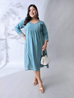 Desi Noor - Women Plus Size Sea Green V Neck Frilled Rayon Lace Dress