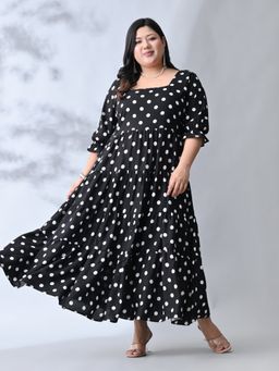Desi Noor - Women Plus Size Square Neck Black Polka Dotted Dress
