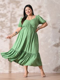 Desi Noor - Women Plus Size Green Polka Dot Flowy Ruched Dress