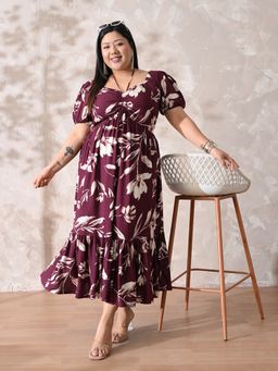 Desi Noor - Women Plus Size Purple Flowy Ruched Floral Dress