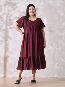 Desi Noor - Women Plus Size Maroon Tie Dye Smocked Georgette Dress