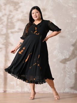 Desi Noor - Women Plus Size Black Tie Dye Georgette Knot Flared Dress