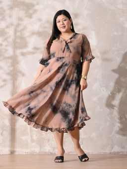 Desi Noor - Women Plus Size Beige Tie Dye Georgette Knot Flared Dress