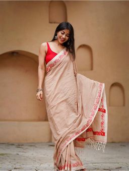 AMRUTKALA SAREES - Beige Designer Linen Printed Solid Saree with Unstitched Blouse
