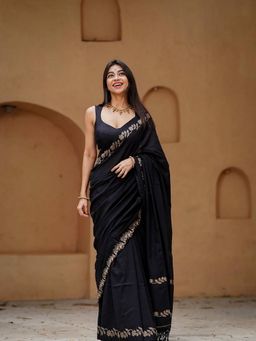 AMRUTKALA SAREES - Black Designer Linen Printed Saree with Unstitched Blouse