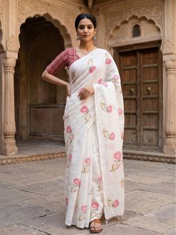 AMRUTKALA SAREES - White Designer Linen Printed Solid Saree with Unstitched Blouse