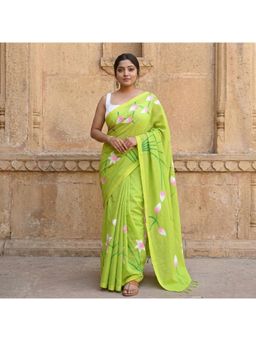 AMRUTKALA SAREES - Green Designer Linen Printed Solid Saree with Unstitched Blouse