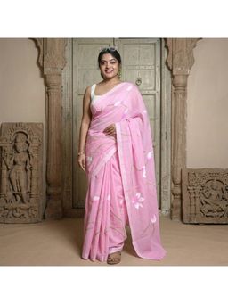 AMRUTKALA SAREES - Pink Designer Linen Printed Solid Saree with Unstitched Blouse