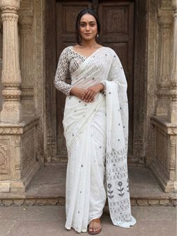 AMRUTKALA SAREES - White Designer Linen Printed Solid Saree with Unstitched Blouse