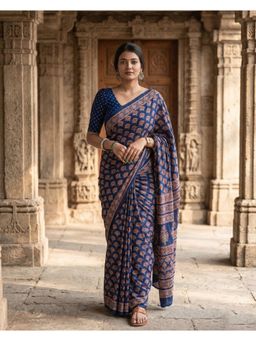 AMRUTKALA SAREES - Navy Blue Designer Linen Printed Solid Saree with Unstitched Blouse