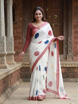 AMRUTKALA SAREES - White Designer Linen Printed Woven Saree with Unstitched Blouse