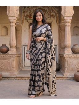AMRUTKALA SAREES - Black Designer Linen Printed Solid Saree with Unstitched Blouse
