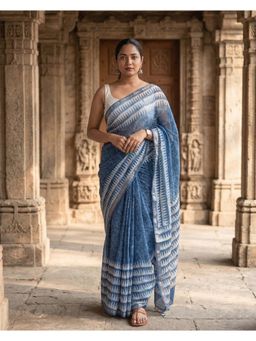 AMRUTKALA SAREES - Blue Designer Linen Printed Woven Saree with Unstitched Blouse