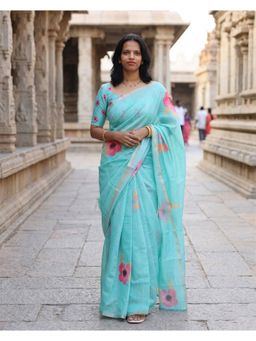 AMRUTKALA SAREES - Teal Designer Linen Printed Woven Saree with Unstitched Blouse