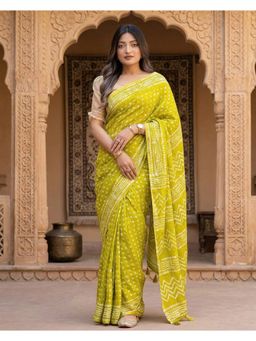 AMRUTKALA SAREES - Yellow Designer Linen Printed Solid Saree with Unstitched Blouse