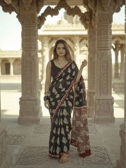 AMRUTKALA SAREES - Black Designer Linen Printed Solid Saree with Unstitched Blouse