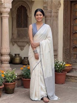AMRUTKALA SAREES - White Designer Linen Printed Woven Saree with Unstitched Blouse