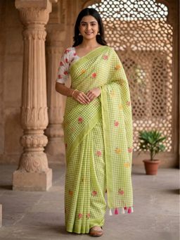 AMRUTKALA SAREES - Green Designer Linen Printed Solid Saree with Unstitched Blouse