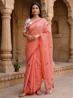 AMRUTKALA SAREES - Orange Designer Linen Printed Solid Saree with Unstitched Blouse